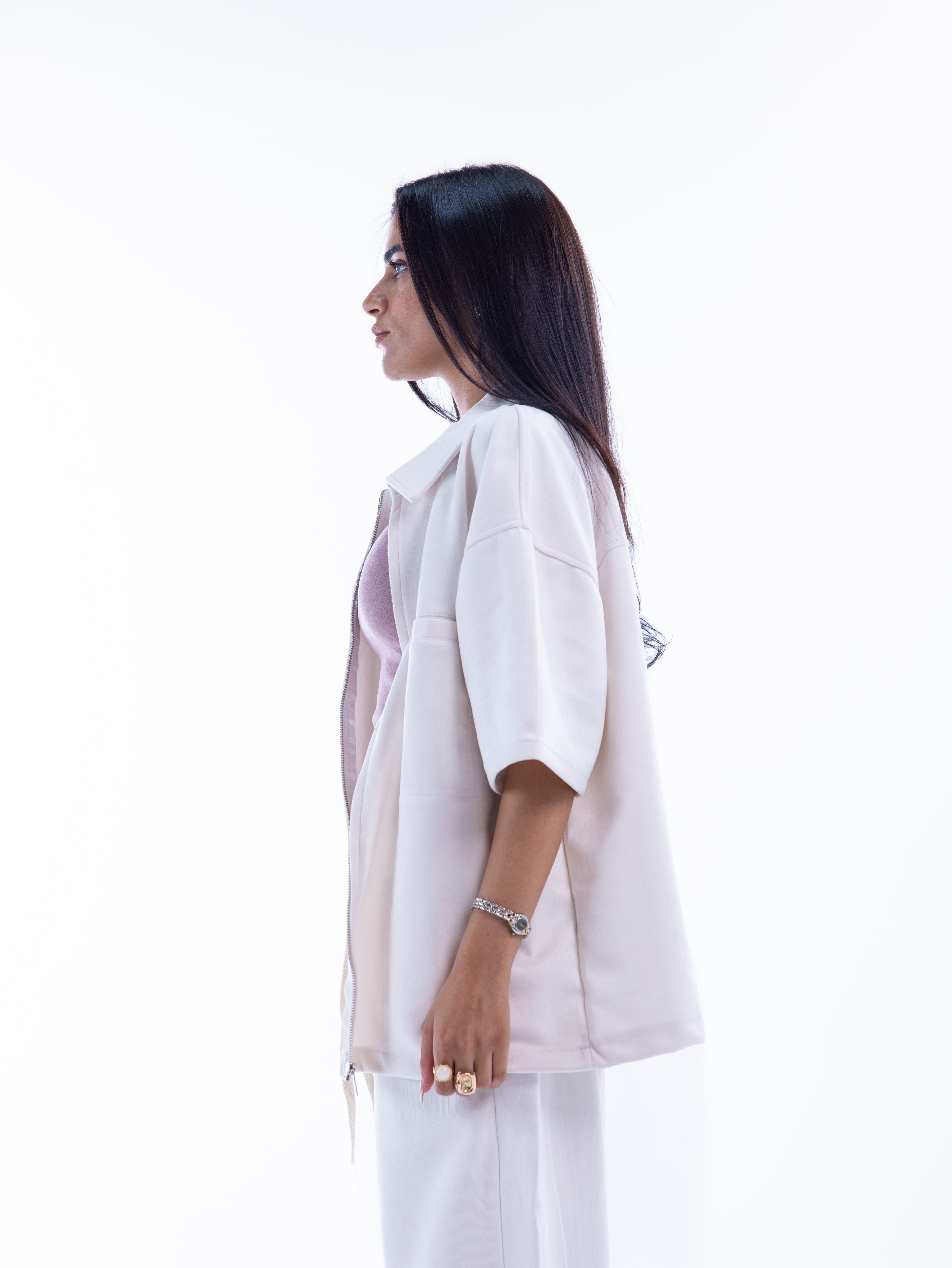 Off-white Velvet Zip-Up Shirt – Escala (view 7)