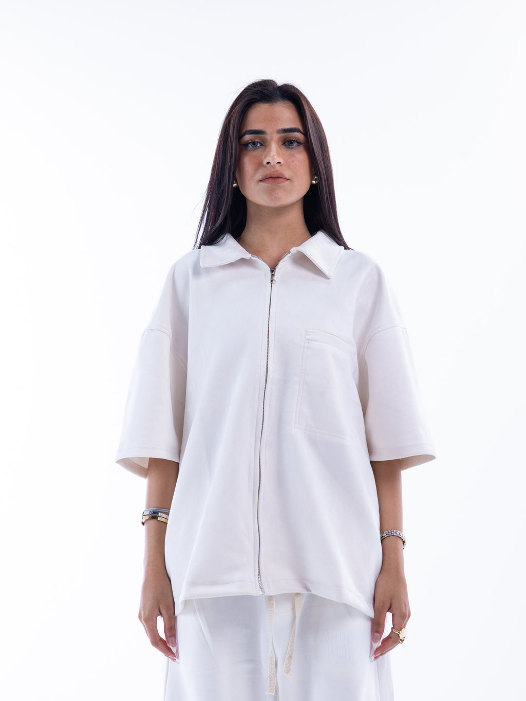 Off-white Velvet Zip-Up Shirt – Escala (view 3)
