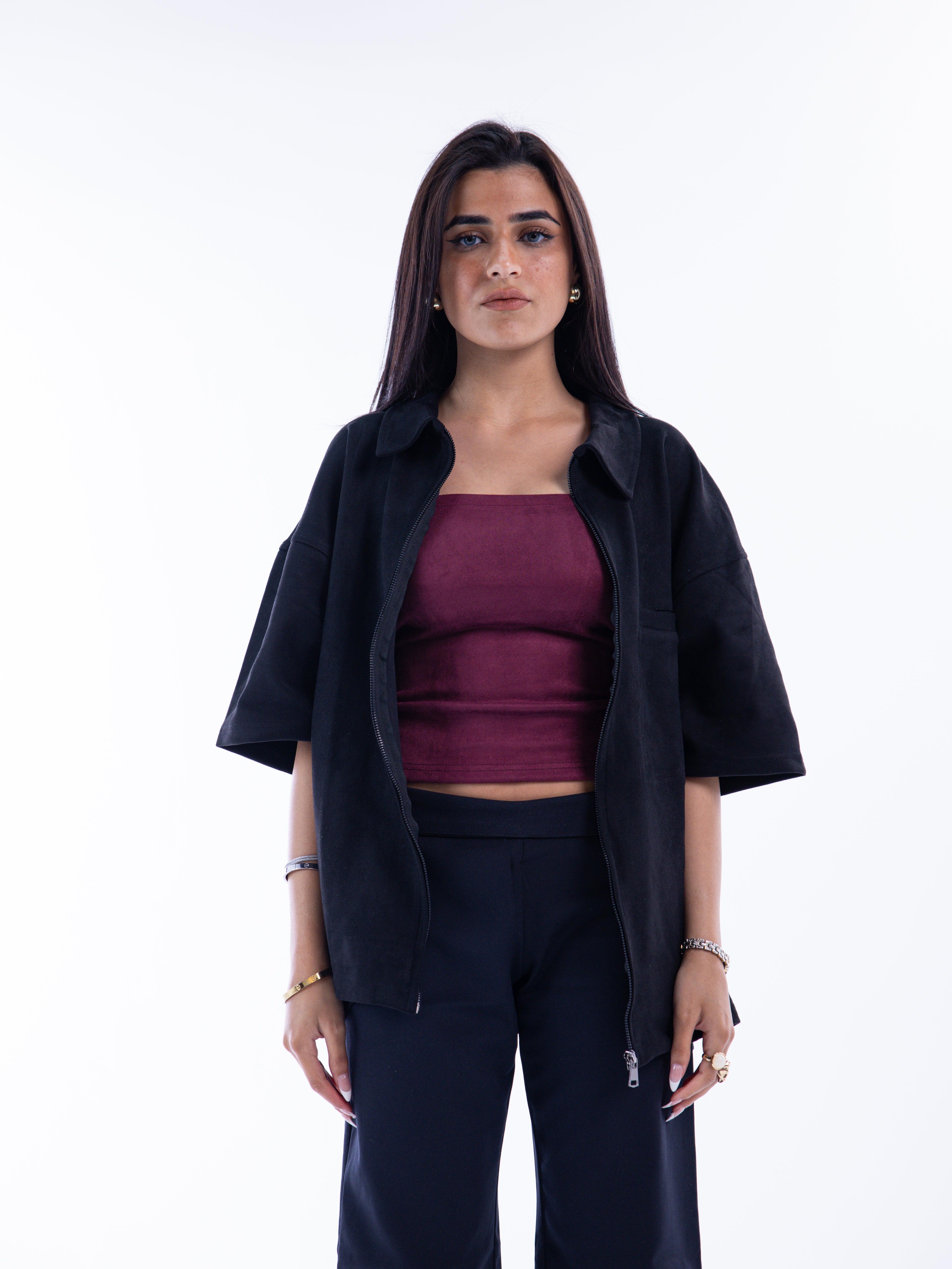 Black Velvet Zip-Up Shirt