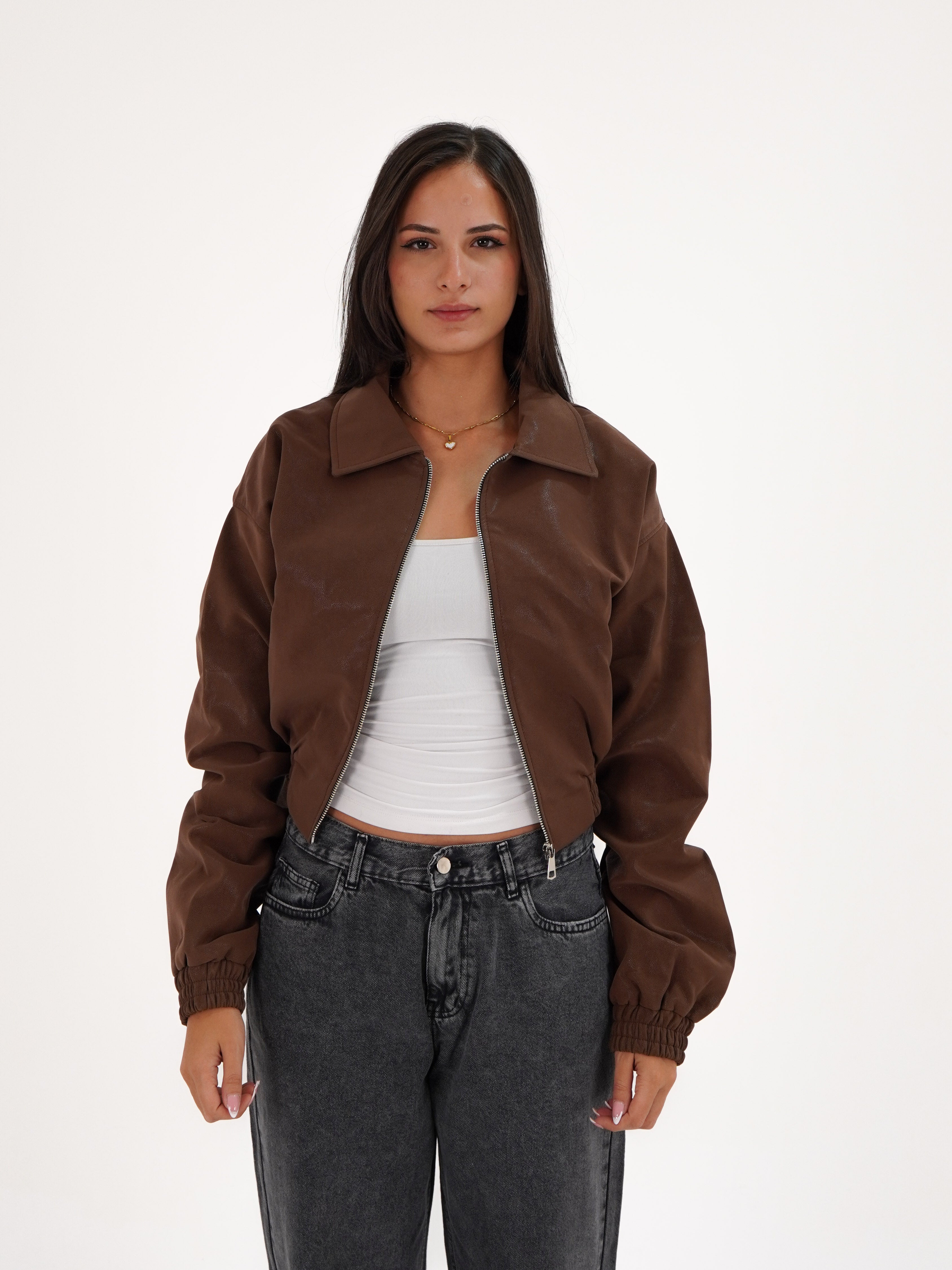 Chestnut Brown Cropped Leather Jacket